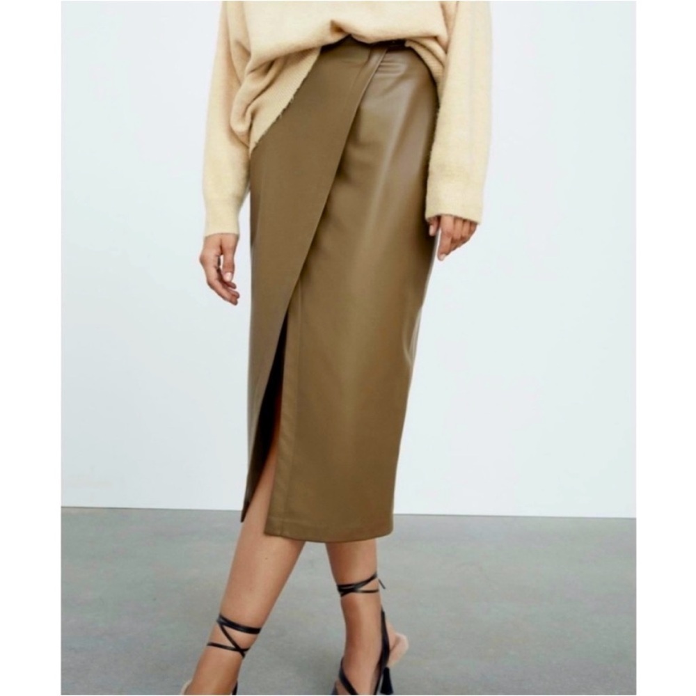 Zara Vegan Faux Leather Olive Green Pencil Skirt - M split front -viral skirt - Picture 2 of 6